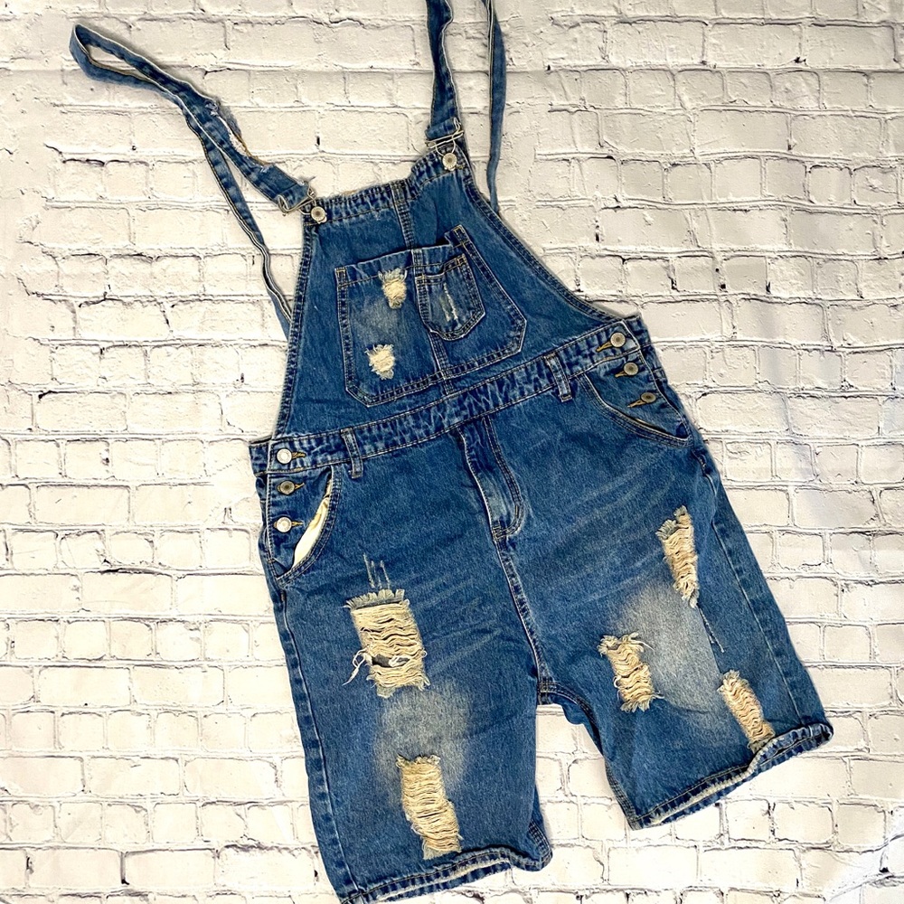 Mens Destroyed Denim Short Overalls
